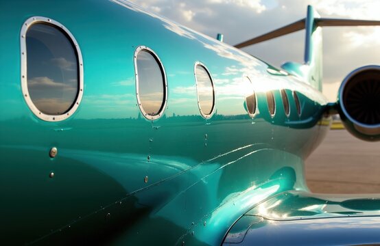 Teal airplane fuselage shows shiny oval windows reflecting sky and clouds. Aircraft exterior features smooth metal surface and engine nacelle. This modern jet awaits takeoff.