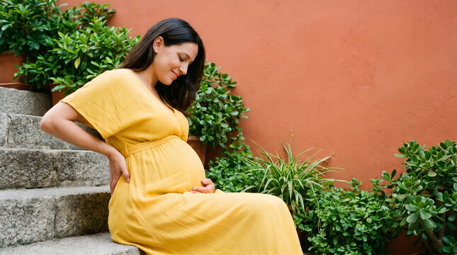 Pregnant woman in yellow dress sitting on stone steps gently touching her belly