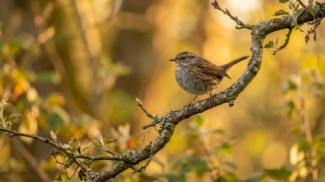dunnock bird perched on branches in european countryside at golden light video