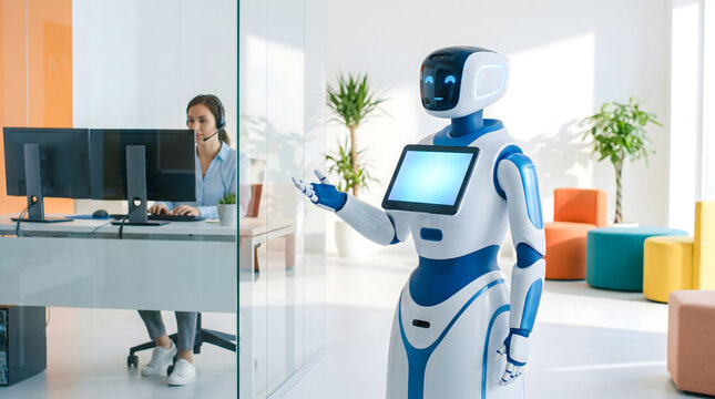 White and blue humanoid robot interacting in a modern office environment with glass partitions and digital displays