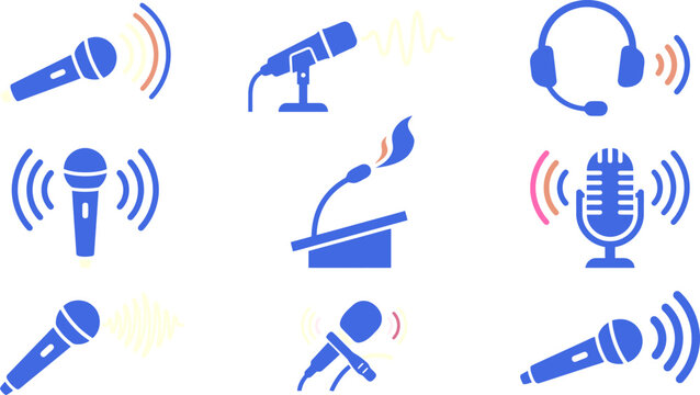 Professional Microphone and Audio Equipment Vector Icon Set for Podcast Production, Radio Broadcasting & Live Streaming Presentations (EPS)