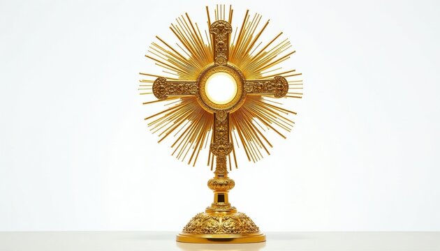 Ornate golden monstrance with detailed religious carvings rests on white surface. Sunburst rays emanate from center. Catholic sacrament object for church worship and prayer.