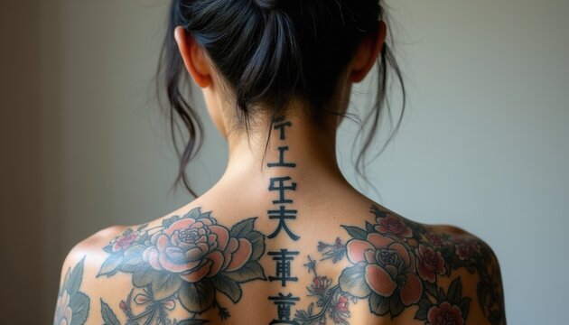 Woman with full back tattoos featuring kanji and floral motifs. Female model displays intricate body art, showcasing japanese inspired design elements on her skin.