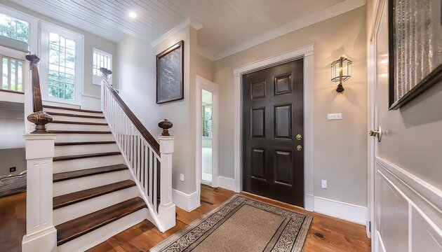 bright and airy entry foyer with a white staircase light hardwood flooring and a dark walnut front door