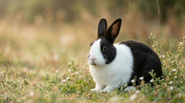 dutch rabbit in dutch countryside meadow close up at morning light video