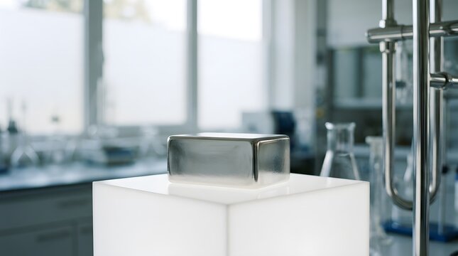 Professional commercial image of Shiny nickel block on pedestal showing nice detail excellent