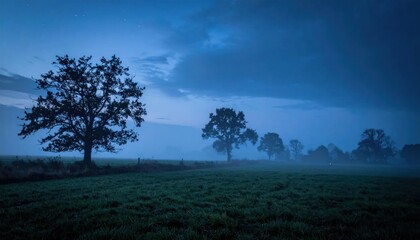 Fototapeta premium Misty Morning Landscape with Silhouetted Trees in Blue Hues.