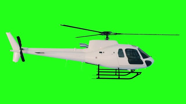 Realistic White Helicopter Side View Isolated on Green Chroma Key Background