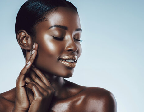Radiant Black Woman with Glowing Skin and Gold Lipstick in Studio Portrait