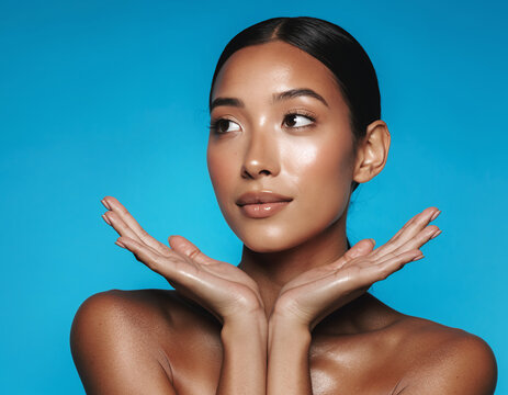 Beautiful Young Woman with Luminous Tan Skin Framing Her Face with Hands