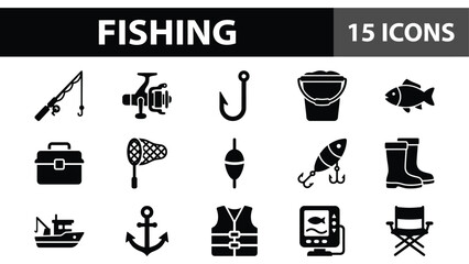 Collection of black fishing icons featuring equipment and gear for angling in a minimalist flat style © Mahraz