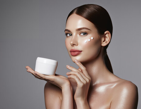Beautiful Woman Holding a White Cosmetic Cream Jar for Glowing Skin Care Routine