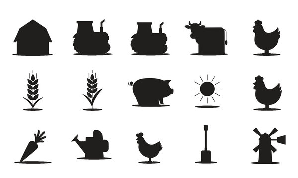 Collection of farm and agriculture related silhouette icons with agriculture
