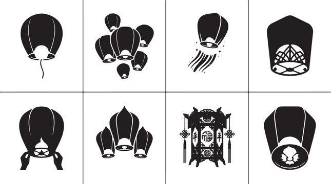 Black ninja masks, stealthy headgear, sneaky face coverings, 8 icons isolated on Transparent Background