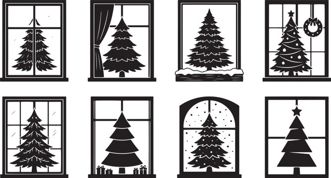 Christmas Tree Window Silhouettes, Holiday Window Clings, Black Window Decals, Festive Window Stickers isolated on Transparent Background