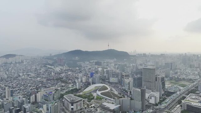 Aerial Drone View of DDP Dongdaemun Design Plaza Architecture and Cityscape in Seoul, South Korea