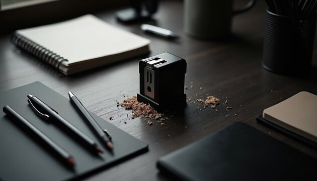 Desk with pencil sharpener, notebook, pens and pencil shavings. Tools for writing and drawing rest on dark wood surface. Office supplies suggest creative work.