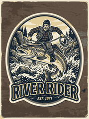 Fisherman River Rider on Leaping Trout Illustration for Outdoor Adventure Apparel Design © MotionMint