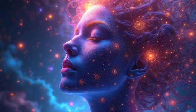 Close up face serene woman in deep meditation, cosmic energy sparks surround her head. Vibrant blue and pink glow, abstract spiritual or psychedelic art style. Inner peace and enlightenment.