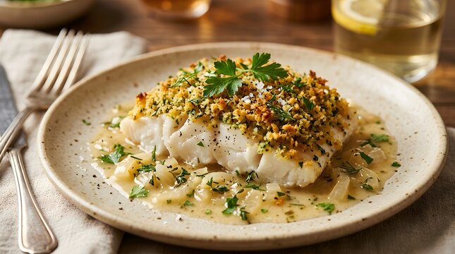 Baked white fish fillet with herb breadcrumb crust served in lemon garlic butter sauce dish.