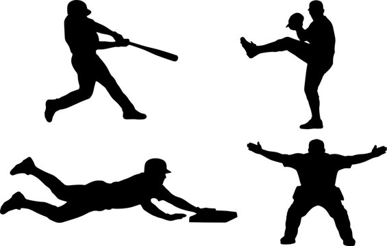 Baseball Player Action Silhouette Icon Set Featuring Batter Hitting, Pitcher Throwing, Runner Sliding to Base, and Umpire Safe Signal Vectors