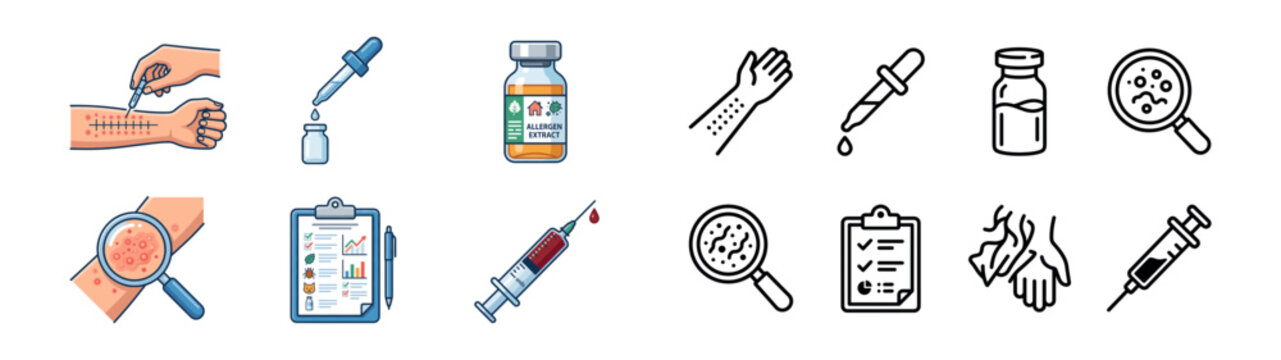 Set of allergy test icons including skin prick examination allergen extract vial dropper magnifying glass syringe and diagnostic clipboard