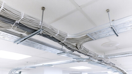 Fototapeta premium Complex network of grey and white data cables neatly organized on cable trays suspended from a white ceiling in a modern building interior