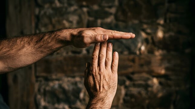 Close up of male hands making a timeout signal against a dark textured stone wall indoors.