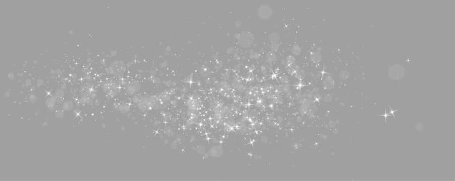 Luxury silver sparkle effect shines with radiant particles and festive transparent illumination. Soft glitter trails flow through shimmering dust, glowing stars and elegant reflections. Vector png.
