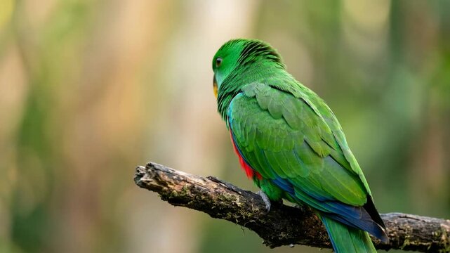 eclectus parrot in papua new guinea rainforest canopy close up at morning light video