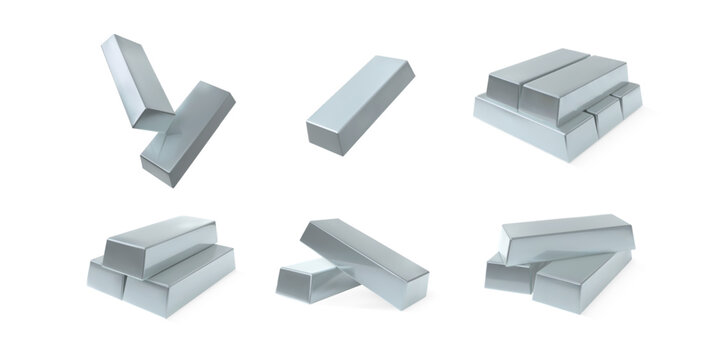 Realistic 3D platinum or silver bar vector icons set, white gold ingot, bullion, banking business, currency investment