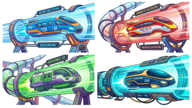 High-Speed Transit Technology Icon Set &ndash; Hyperloop Pod, Vacuum Tube and Smart Mobility Symbols Collection