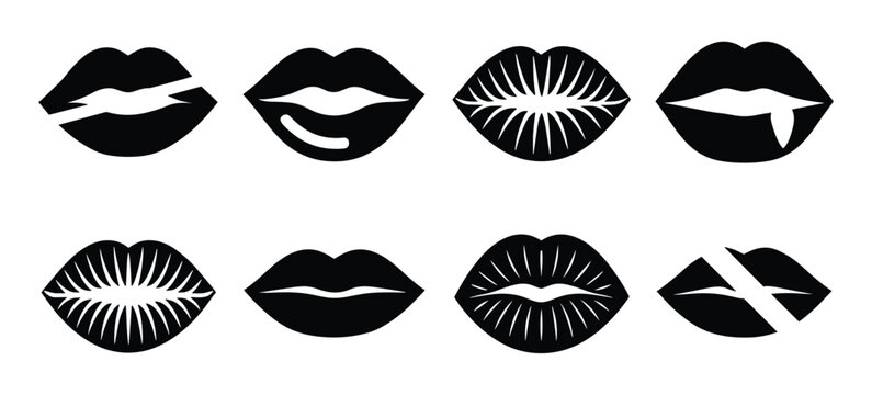 Set of Lips Graphics: A collection of stylized black and white lip graphics, each uniquely designed with diverse patterns and expressions, ideal for graphic design projects.