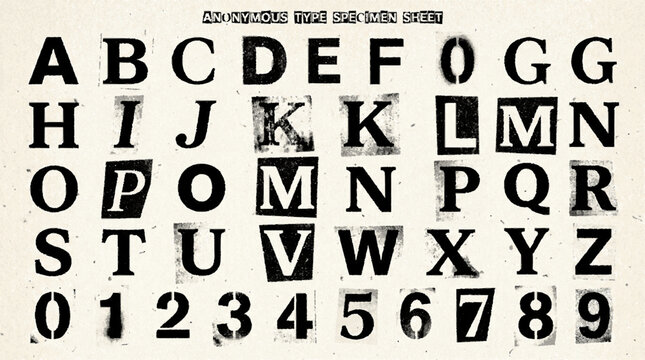 Anonymous ransom note letter font sheet with grunge stencil typography