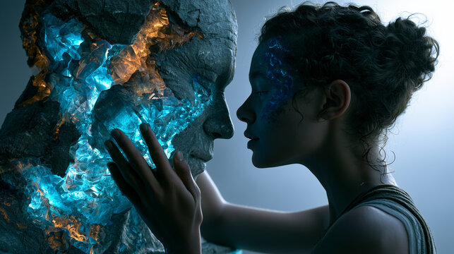A human woman touching the face of a man sculpted from stone and glowing crystals