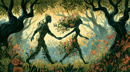 Naklejka premium A loving couple walking through a forest, one partner formed from twisting vines and flowers