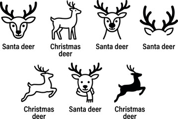 Christmas reindeer and deer outline icons vector character set. © Peru