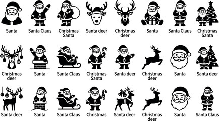 Christmas santa claus and reindeer solid black silhouettes vector set. © Peru