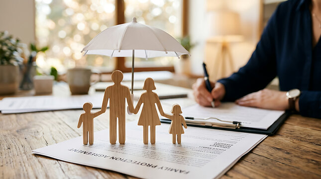Wooden family figurines standing under a white umbrella on a legal contract document while a professional person signs the paperwork at a bright office desk