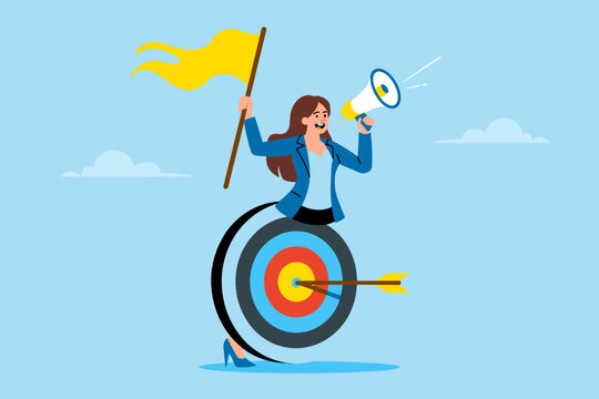 Leadership and Ambition: A determined businesswoman stands confidently atop a target, holding a flag and a megaphone, symbolizing her drive for success and clear communication of goals.