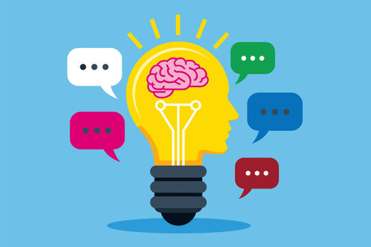 Brainstorming Session: A lightbulb stylized as a human head with a brain inside, surrounded by colorful speech bubbles, symbolizes a burst of ideas and collaborative thinking.