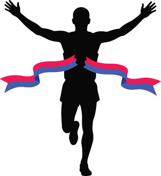 Silhouette of a runner breaking through the finish line tape with arms raised in victory.