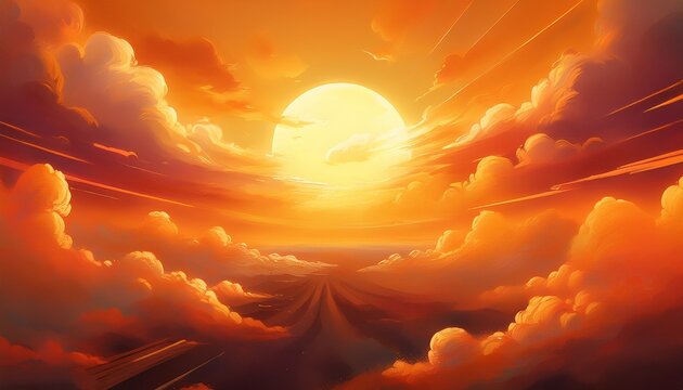 heat stroke concept for climate change heat wave or global warming orange sky with clouds and bright sun