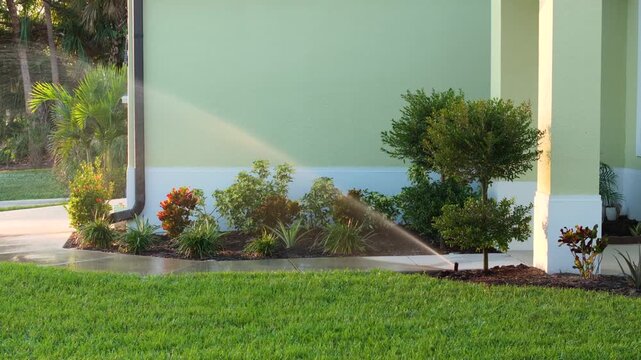 Automatic irrigation system with water sprinkler for maintaining grass lawn.