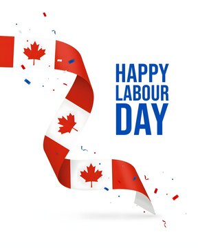A festive Canadian Labour Day greeting featuring a gracefully flowing Canadian flag ribbon surrounded by colorful confetti against a clean, minimalist white background design element.