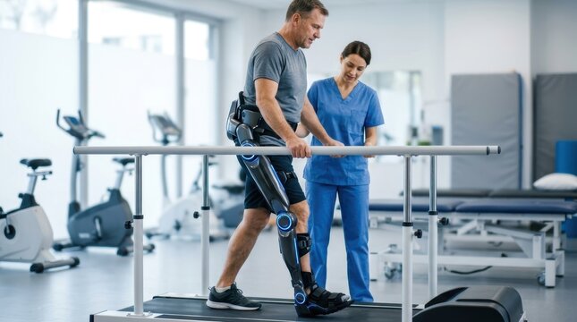 A futuristic medical rehabilitation exoskeleton worn by a man inside a modern hospital setting, featuring a robotic leg brace designed for mobility assistance and physical therapy.