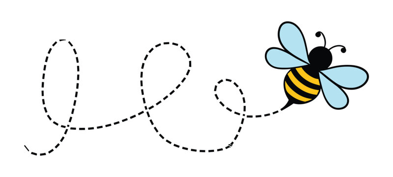 Buzzy Bee's Flight Path: A charming cartoon bee with blue wings follows a whimsical dotted line, suggesting movement and playfulness.