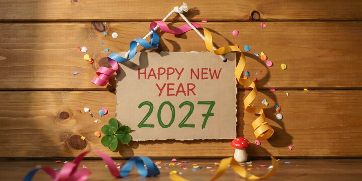 A festive rustic sign made of brown paper hanging on a wooden wall displaying the message Happy New Year 2027 with colorful party streamers