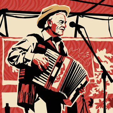 old man playing accordion and singing in Cajun style band graphic poster style illustration