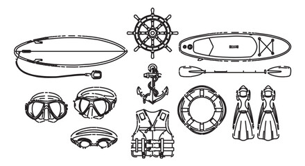 Nautical and water sports equipment line art icons, surfboard and paddleboard vector set, diving gear and maritime safety symbols for summer recreation © MUHAMMAD